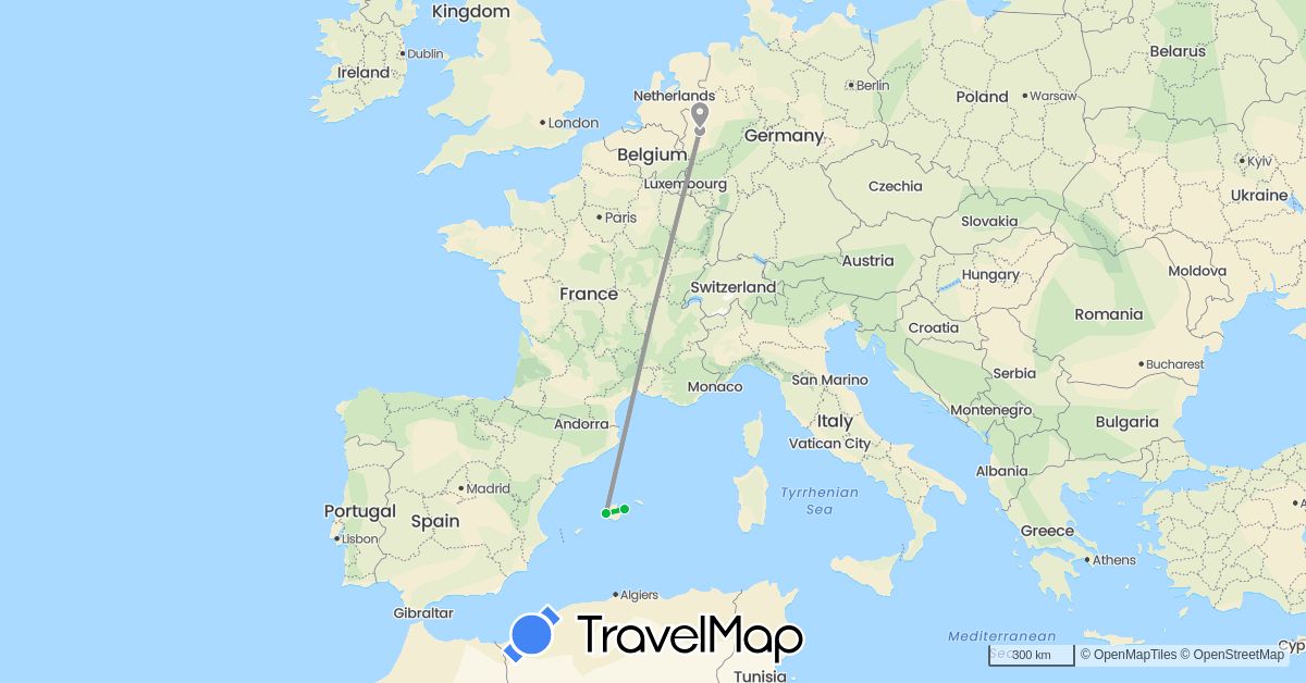 TravelMap itinerary: driving, bus, plane in Germany, Spain (Europe)